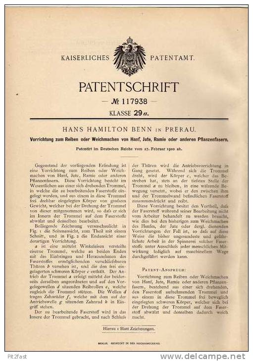 Original Patentschrift - H. Benn In Prerau , 1900 , Maschine Für Hanf , Jute Und Ramie , Prerov !!! - Machines