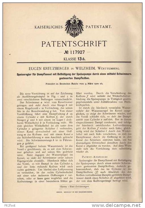 Original Patentschrift - E. Kreuzberger In Welzheim , 1900 , Regler Für Dampfkessel !!! - Machines