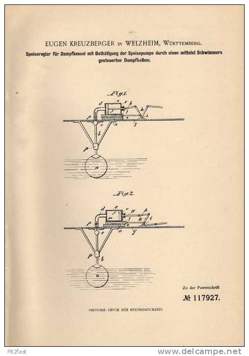 Original Patentschrift - E. Kreuzberger In Welzheim , 1900 , Regler Für Dampfkessel !!! - Machines