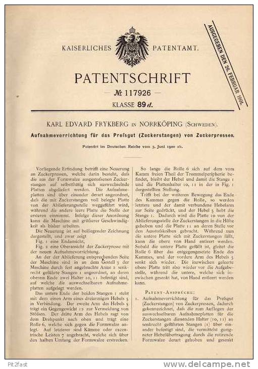 Original Patentschrift - K. Frykberg In Norrköping , 1900 , Presse Für Zuckerstangen , Zuckerpresse , Zucker !!! - Machines
