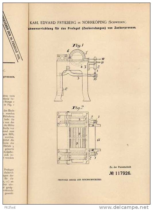 Original Patentschrift - K. Frykberg In Norrköping , 1900 , Presse Für Zuckerstangen , Zuckerpresse , Zucker !!! - Tools