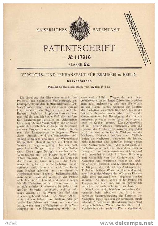 Original Patentschrift - Versuchs- Und Lehranstalt Für Brauerei In Berlin , 1900 , Sudverfahren , Bier , Alkohol !!! - Sonstige & Ohne Zuordnung