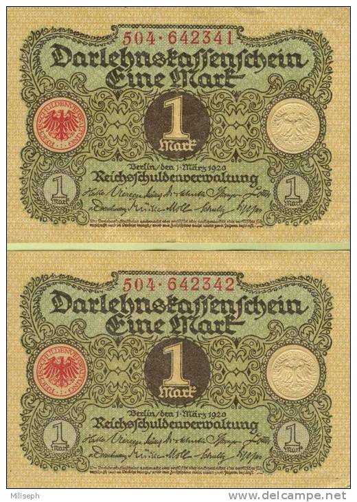 Lot De 2 Billets De Banque Allemand - 2 X 1 Mark De 1920 - 2 Numéros Se Suivant -              (2414) - 1 Mark