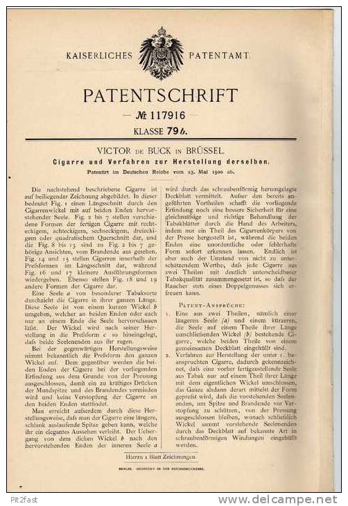 Original Patentschrift - V. De Buck In Brüssel , 1900 , Cigarre Und Herstellung , Zigarre  !!! - Documenti