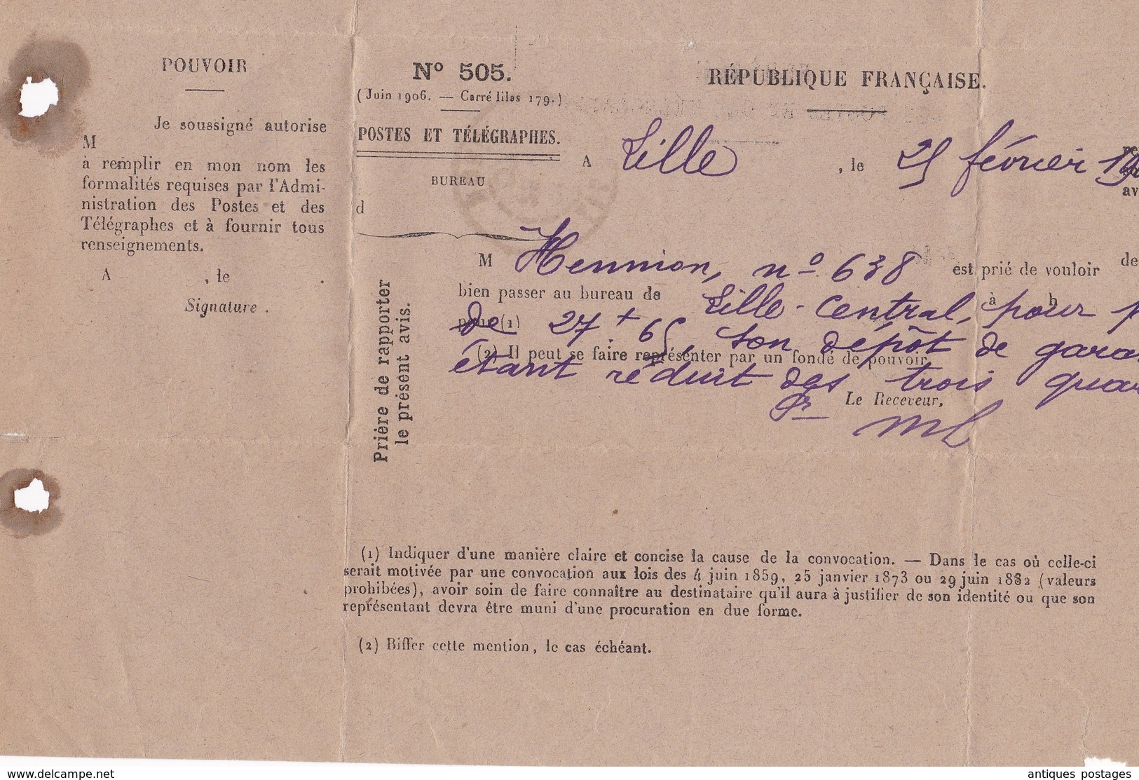 Lille Nord Service Des Postes Et Des Télégraphes 1907 - Télégraphes Et Téléphones