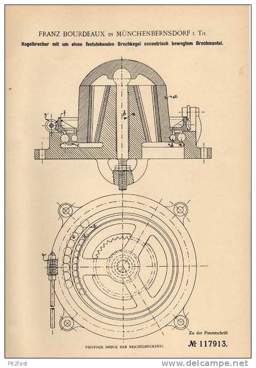 Original Patentschrift - F. Boreaux In Münchenbernsdorf I. Th. , 1900 , Kegelbrecher Für Stein , Erz , Bergbau  !!! - Tools