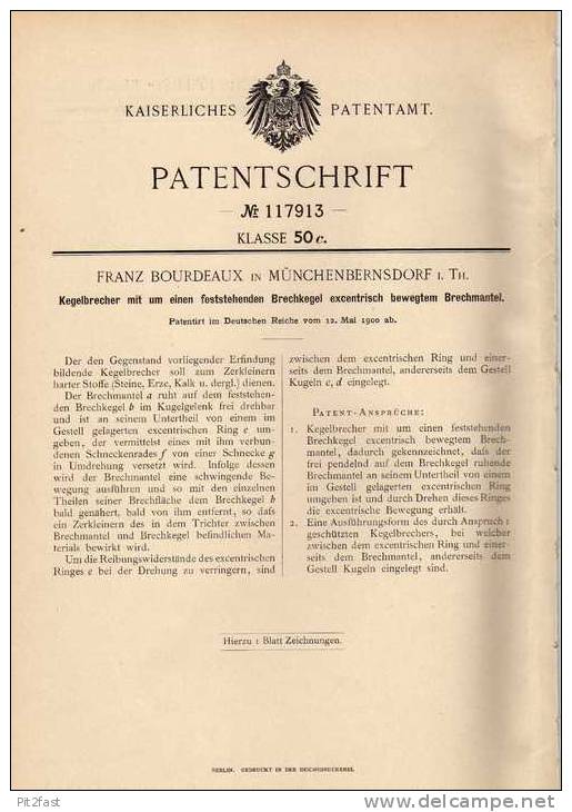 Original Patentschrift - F. Boreaux In Münchenbernsdorf I. Th. , 1900 , Kegelbrecher Für Stein , Erz , Bergbau  !!! - Tools