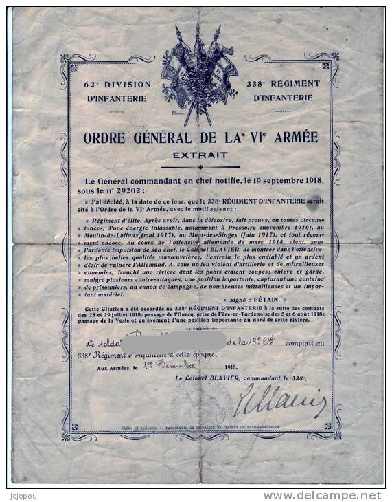 Croix De Guerre Avec 1 Citation - Extrait De Citation à L'ordre De La VI° Armée Décembre 1918- Pièce Unique Au Monde. - France