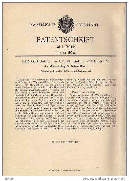 Original Patentschrift - H. Daues In Plauen I. V., 1900 , Antrieb Für Walzenmühle , Mühle !!! - Machines