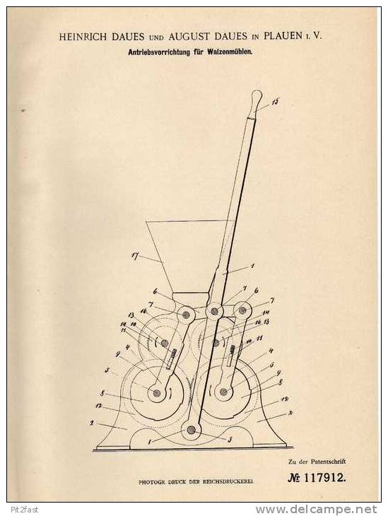 Original Patentschrift - H. Daues In Plauen I. V., 1900 , Antrieb Für Walzenmühle , Mühle !!! - Machines