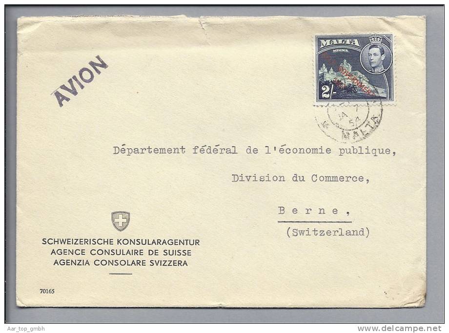Motiv Konsulat Malta 1954-01-07 Self Government Mi#210 Nach Bern CH - Non Classés