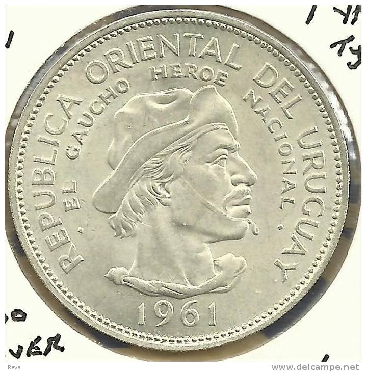 URUGUAY 10 PESOS WREATH 150 YEARS REVOLUTION FRONT MAN HEAD BACK 1961 AG SILVER KM43 UNC READ DESCRIPTION CAREFULLY !!! - Uruguay