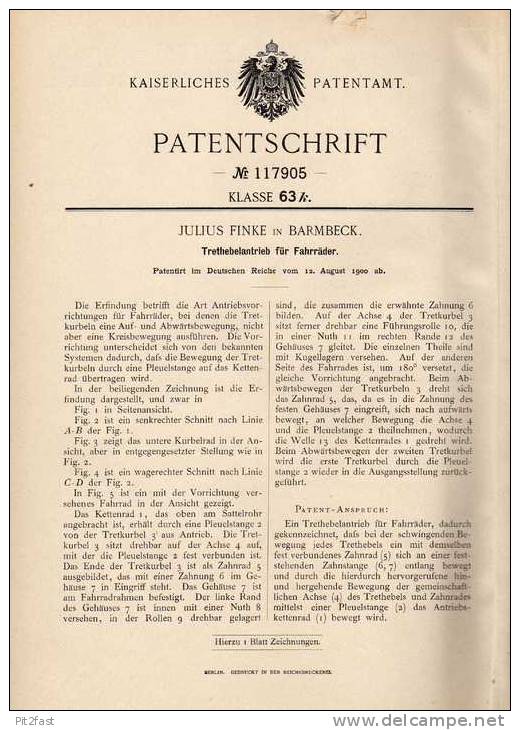 Original Patentschrift - J. Finke In Barmbeck , 1900 , Trethebelantrieb Für Fahrräder , Fahrrad !!! - Sonstige & Ohne Zuordnung