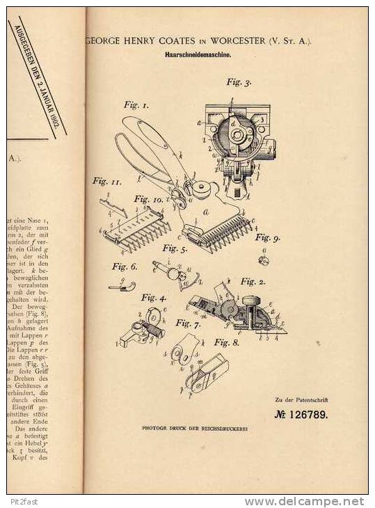 Original Patentschrift - Haarschneider , Friseur , 1900 , G. Coates In Worcester , USA , Frisör !!! - Antike Werkzeuge