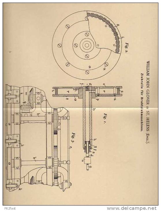 Original Patentschrift - W. Glover In St. Helens , 1901 , Drahtziehmaschine , Ziehrolle !!! - Machines
