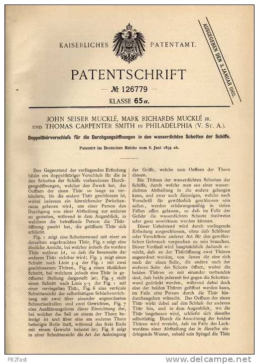Original Patentschrift - Verschluß Der Schotten Von Schiffen , 1899 , J. Muckle In Philadelphia !!! - Altri & Non Classificati