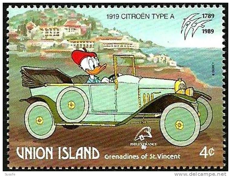 Union Island (St.Vincent) 1989 Scott 244 Sello ** Walt Disney Coches Antiguos Donald Y Citroen Tipo A De 1919 4c Union I - Disney