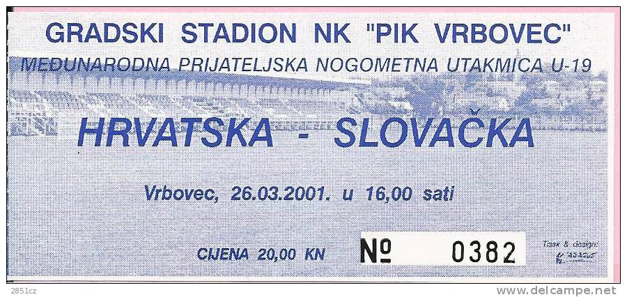 INTERNATIONAL FRENDLY SOCCER GAME CROATIA - SLOVAKIA, 26.3.2001., Vrbovec, Croatia - Tickets D'entrée