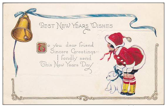 Best New Years Wishes, Bell Ringing, Girl In Santa Outfit With White Dog By Her Side, 10-20s - Anno Nuovo