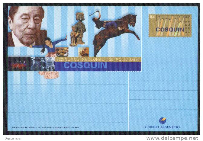 Argentina 1999, Entero Postal Tarjeta, Festival Nacional De Folklore COSQUIN. Musica, Caballo, Artesania, Bailarina. - Postwaardestukken