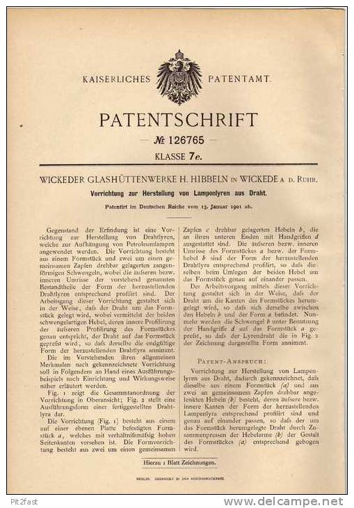 Original Patentschrift - Glashüttenwerk In Wickede A.d. Ruhr , 1901 , Lampenlyren , Lampe !!! - Lámparas Y Arañas