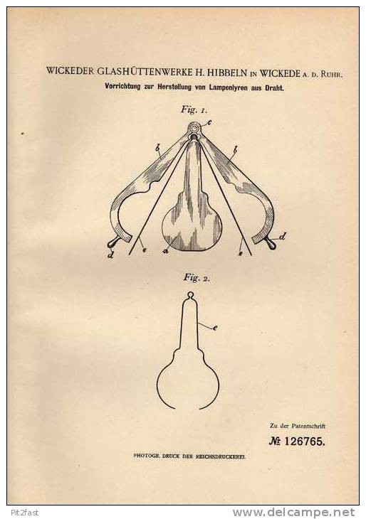 Original Patentschrift - Glashüttenwerk In Wickede A.d. Ruhr , 1901 , Lampenlyren , Lampe !!! - Luminarie E Lampadari