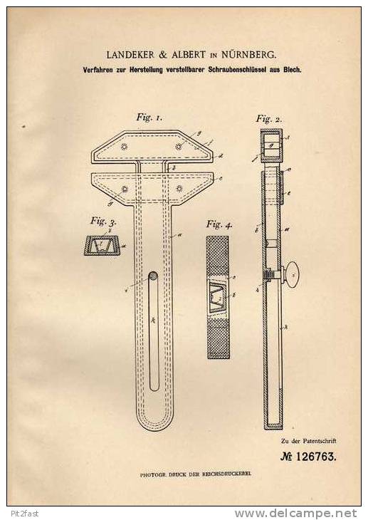 Original Patentschrift - Landeker & Albert In Nürnberg , 1900 , Verstellbarer Schraubenschlüssel , Werkzeug !!! - Antike Werkzeuge