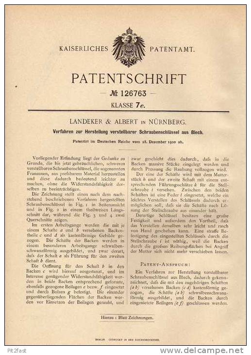 Original Patentschrift - Landeker & Albert In Nürnberg , 1900 , Verstellbarer Schraubenschlüssel , Werkzeug !!! - Antike Werkzeuge