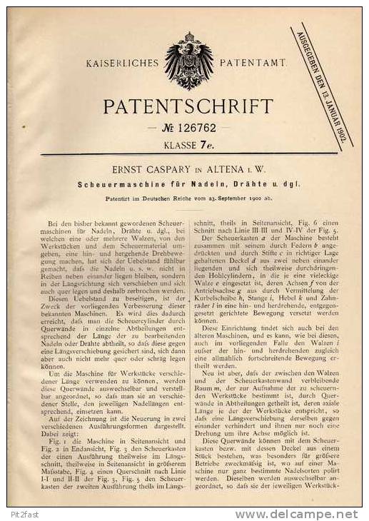 Original Patentschrift - E. Caspary In Altena I.W. , 1900 , Scheuermaschine !!! - Machines