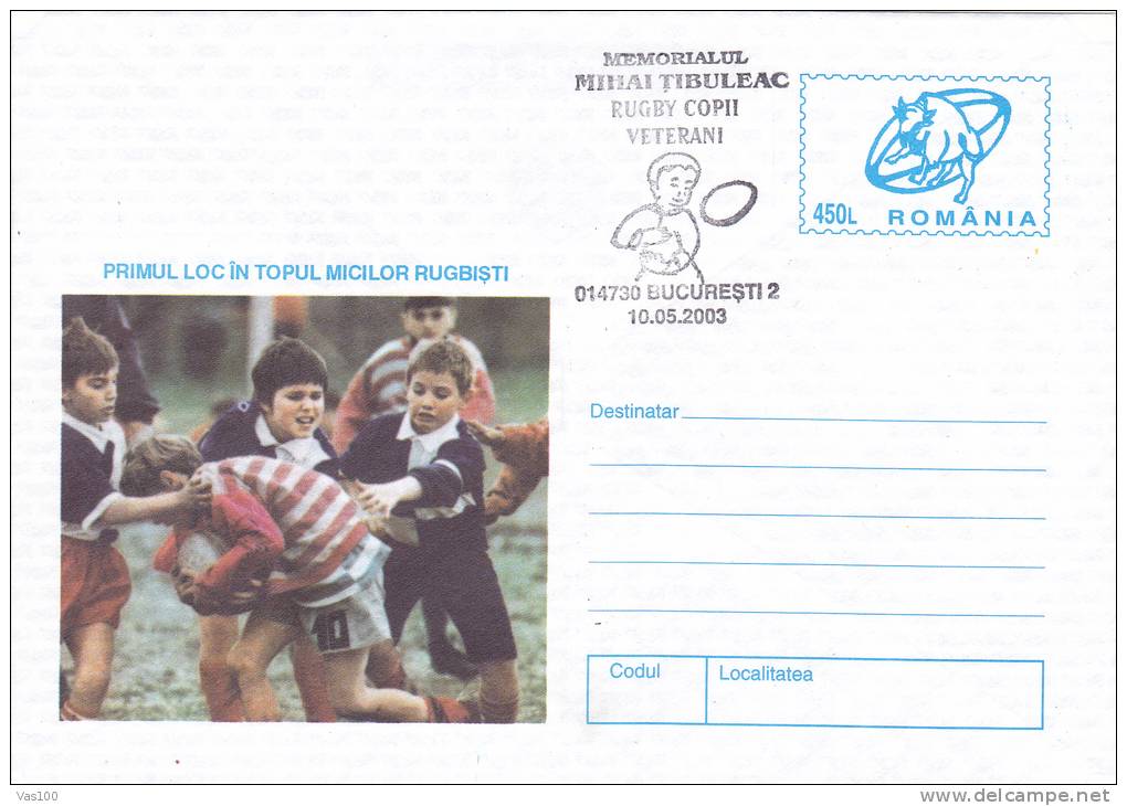 YOUTH RUGBY, 2003, COVER STATIONERY, ENTIER POSTAL, OBLITERATION CONCORDANTE, ROMANIA - Rugby