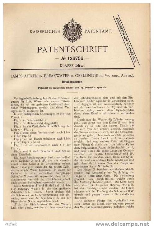 Original Patentschrift - J. Altken In Breakwater B. Geelong , 1900 , Rotationspumpe !!! - Machines