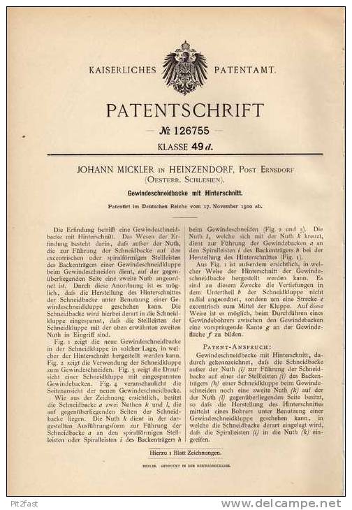 Original Patentschrift - J. Mickler In Heinzendorf , Post Ernsdorf , 1900 , Gewindeschneider , Schneidbacke , Gewinde !! - Antike Werkzeuge