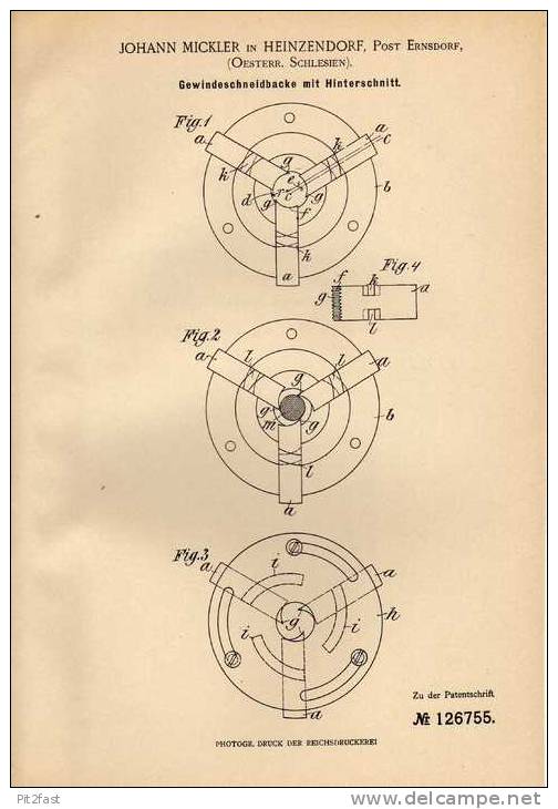 Original Patentschrift - J. Mickler In Heinzendorf , Post Ernsdorf , 1900 , Gewindeschneider , Schneidbacke , Gewinde !! - Antike Werkzeuge