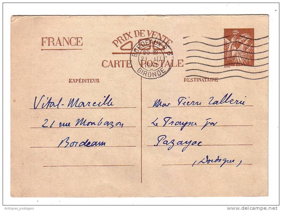 Entier Postal Iris Bordeaux Gironde 1941 Pazayac Dordogne - Cartes Postales Types Et TSC (avant 1995)