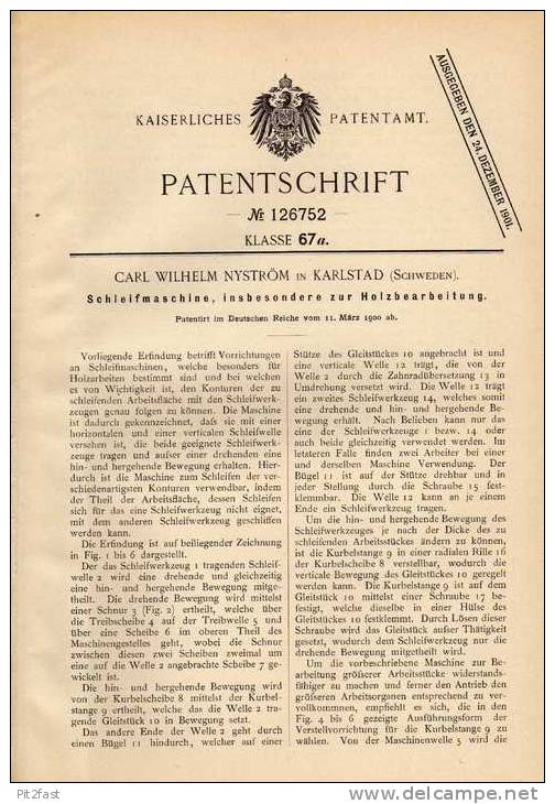 Original Patentschrift - C. Nyström In Karlstadt , Schweden , 1900 , Schleifmaschine , Tischler , Holz !!! - Tools