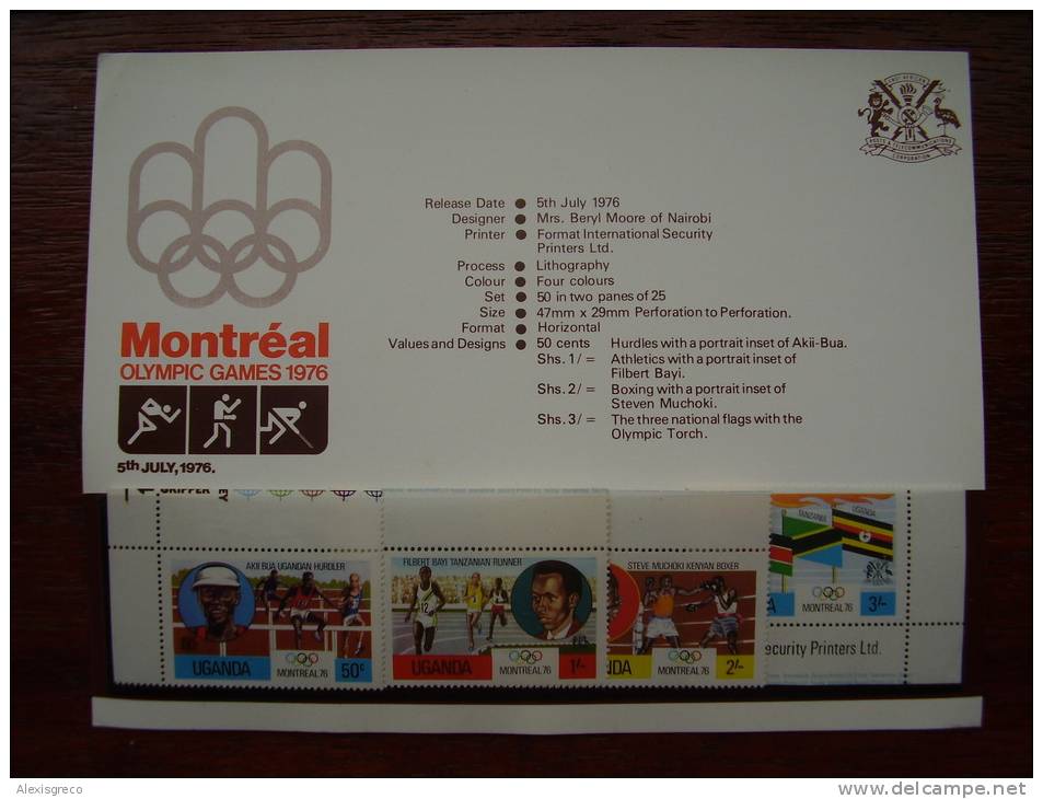 UGANDA 1976 OLYMPIC GAMES MONTREAL Issue FULL SET FOUR Stamps MNH With PRESENTATION CARD. - Ouganda (1962-...)