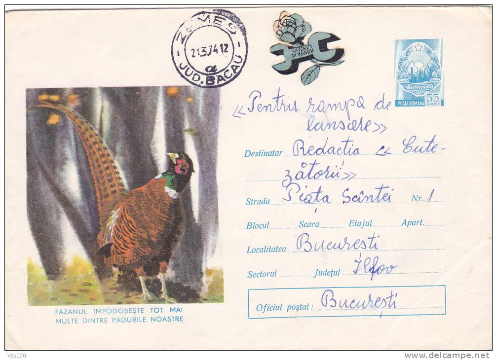 PHEASAN, 1974, COVER STATIONERY, ENTIER POSTAL, SENT TO MAIL, ROMANIA - Gallináceos & Faisanes