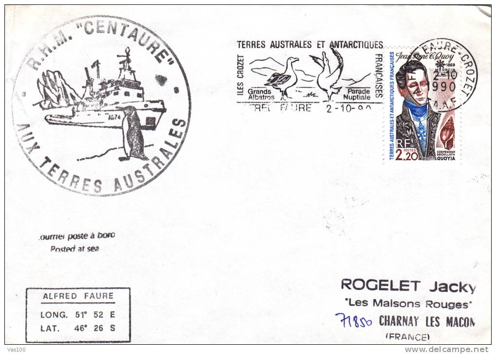 ALBATROS, BIRDS, 1990,METER MARK ON COVER, FRENCH AUSTRALIAN AND ANTARCTIC LANDS - Marine Web-footed Birds