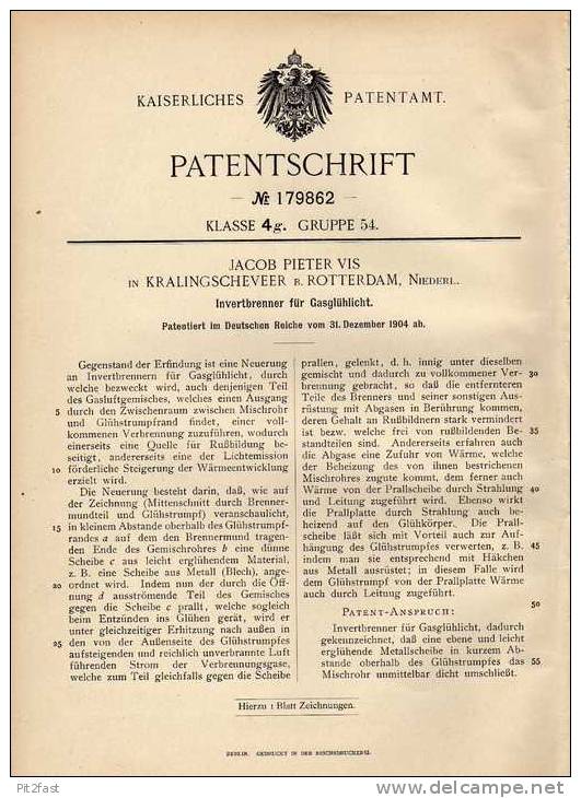 Original Patentschrift - J. Vis In Kralingscheveer B. Rotterdam , 1904 , Invertbrenner Für Glasglühlicht , Lampe !!! - Lantaarns & Kroonluchters