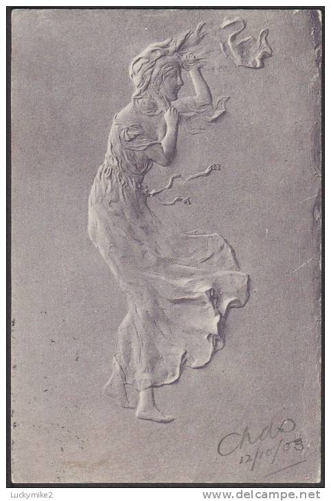 Girl In A Gale,  Illustrated By  'A Marz',  Posted 1903 (partial "LONDON E C / ?/84" Duplex). - 1900-1949