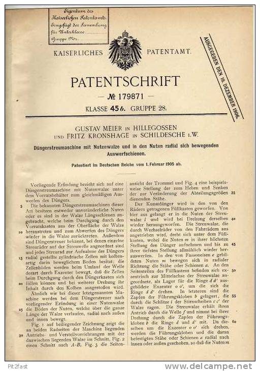 Original Patentschrift - G.Meier In Hillegossen Und Schildesche , 1905 ,Düngerstreumaschine , Dünger , Düngerstreuer !!! - Tools