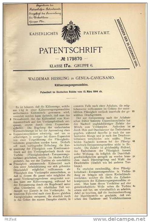 Original Patentschrift - W. Hessling In Genua - Cavignano , 1904 , Klimaanlage , Kälteerzeuger !!! - Machines