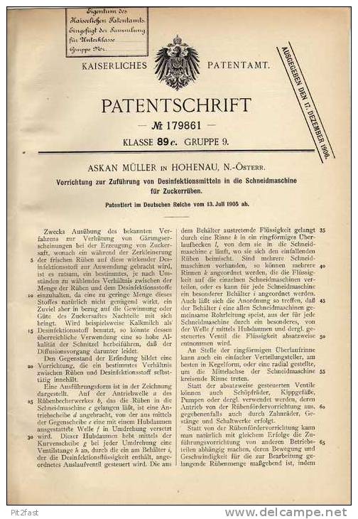 Original Patentschrift - A. Müller In Hohenau , 1905 , Desinfektionsapparat Für Zuckerrüben Schneidmaschine !!! - Tools