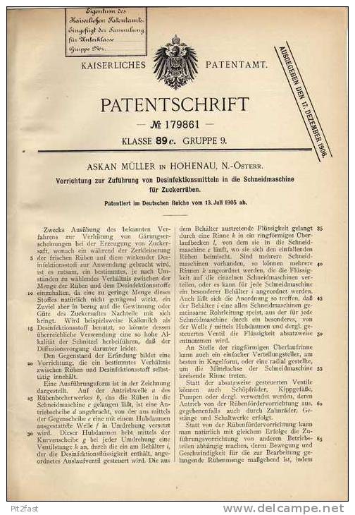 Original Patentschrift - A. Müller In Hohenau , 1905 , Desinfektionsapparat Für Zuckerrüben Schneidmaschine !!! - Maschinen