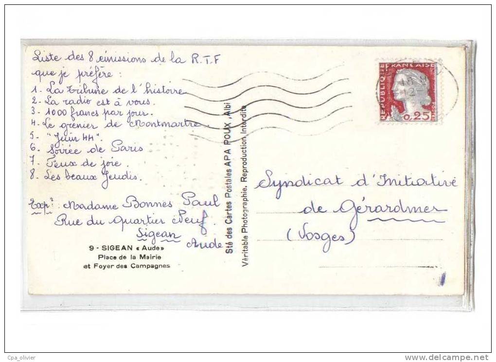 11 SIGEAN Place De La Mairie, Foyer Des Campagnes, Ed APA 9, CPSM 9x14, 196? - Sigean