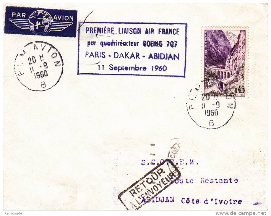 AIR FRANCE : 1° VOL PARIS - DAKAR (SENEGAL) - ABIDJAN (COTE D'IVOIRE) - 1960 - ENVELOPPE Par BOEING 707 - First Flight Covers