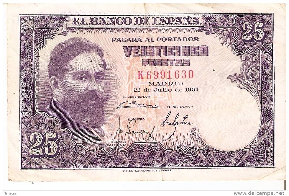 BILLETE DE ESPAÑA DE 25 PTAS DEL AÑO 1954 ISAAC ALBENIZ  SERIE K - 25 Pesetas