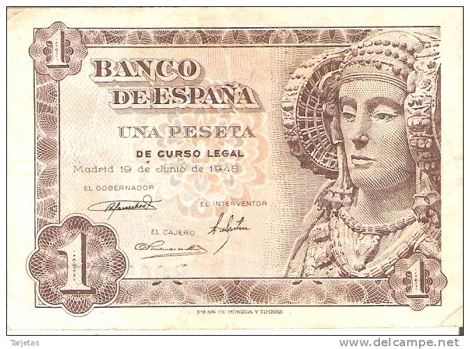 BILLETE DE 1 PTA DEL AÑO 1948 SERIE B - DAMA DE ELCHE  (BANKNOTE) - 1-2 Pesetas