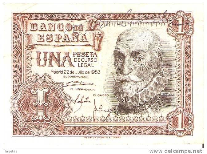 BILLETE DE ESPAÑA DE 1 PTA DEL AÑO 1953 MARQUES DE SANTA CRUZ CALIDAD RC SERIE Z - 1-2 Pesetas