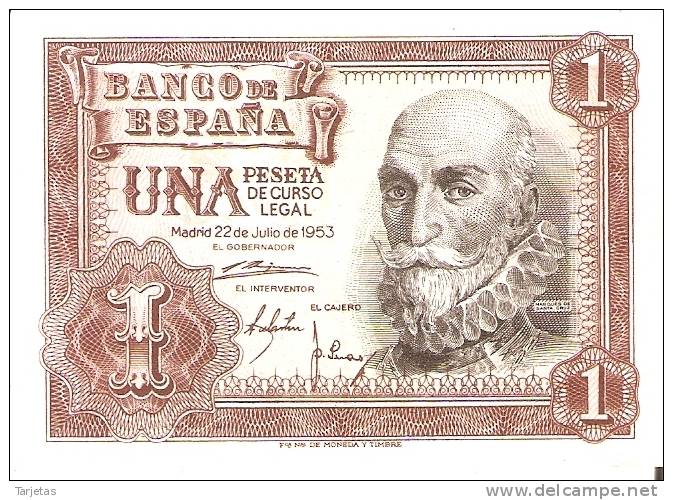 BILLETE DE ESPAÑA DE 1 PTA DEL AÑO 1953 MARQUES DE SANTA CRUZ CALIDAD EBC+ SERIE Z - 1-2 Pesetas